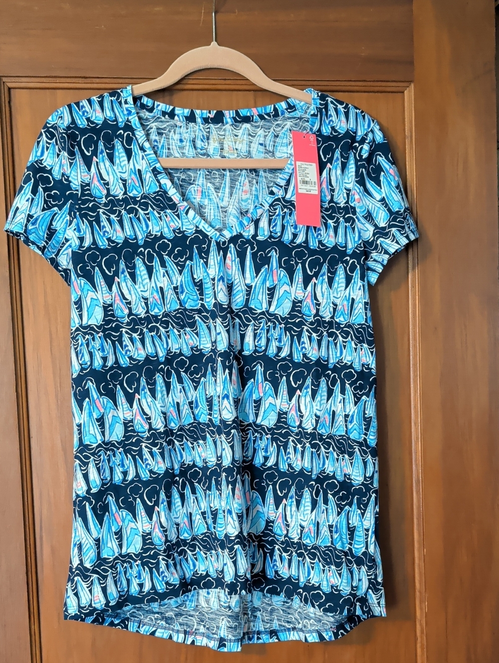 Lilly Pulitzer Navy, Aqua & Pink Sailboat V-Neck Tee